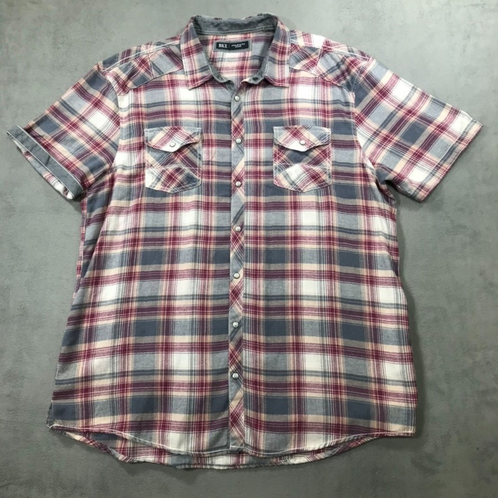 BKE Buckle Pearl Snap Shirt Men's 2XL XXL Plaid Short Sleeve Athletic Slim Fit